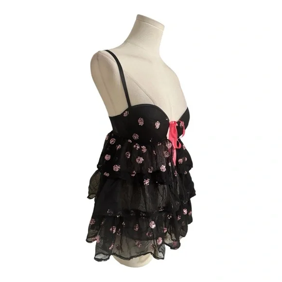 VICTORIA’S SECRET Sexy Little Things… Black Pink Ruffle Mesh Lingerie Corset 34C